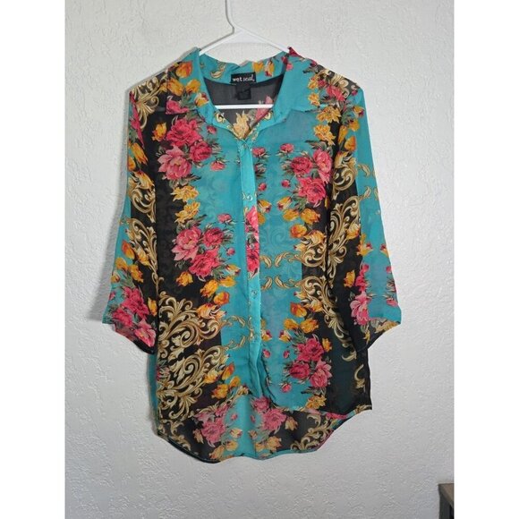 Vintage Wet Seal Size L Teal Floral Button-up Blouse - Picture 1 of 4